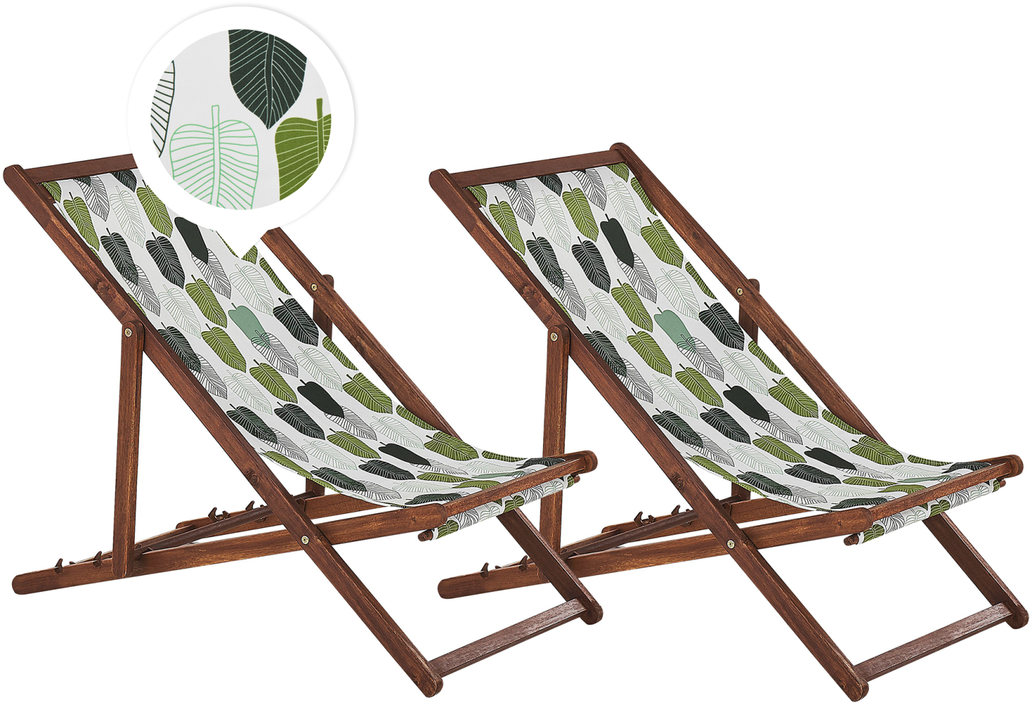 Liegestuhl Akazienholz dunkelbraun Textil grün weiß Blättermotiv 2er Set ANZIO Bild 1