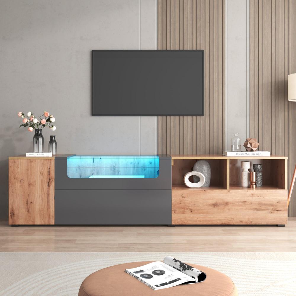 Merax Lowboard mit LED-Beleuchtung, TV-Schrank, mit Glasplatte, Fernsehtisch im Landhausstil, B: 190cm, Holzfarbe & dunkelgrau Bild 1