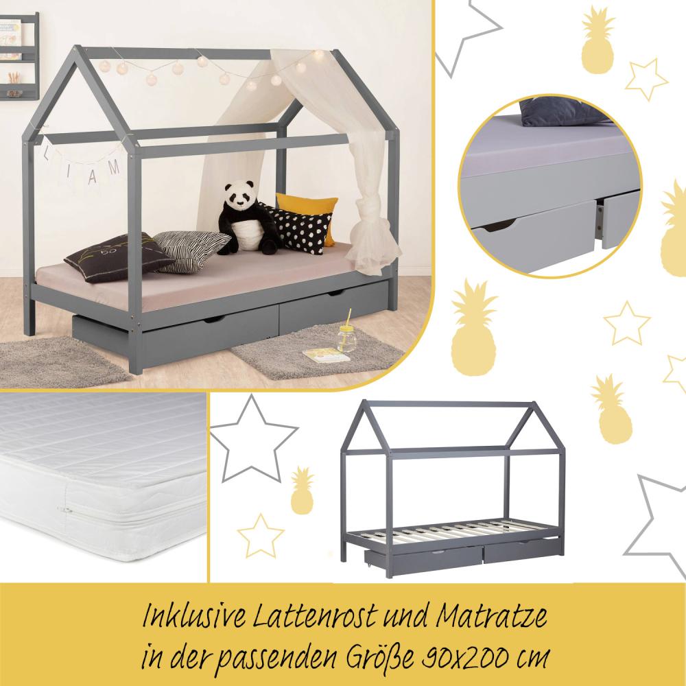 Kinderbett mit Matratze Kinderhaus Spielbett Hausbett 90x200 cm Grau mit Bettkasten Bild 1