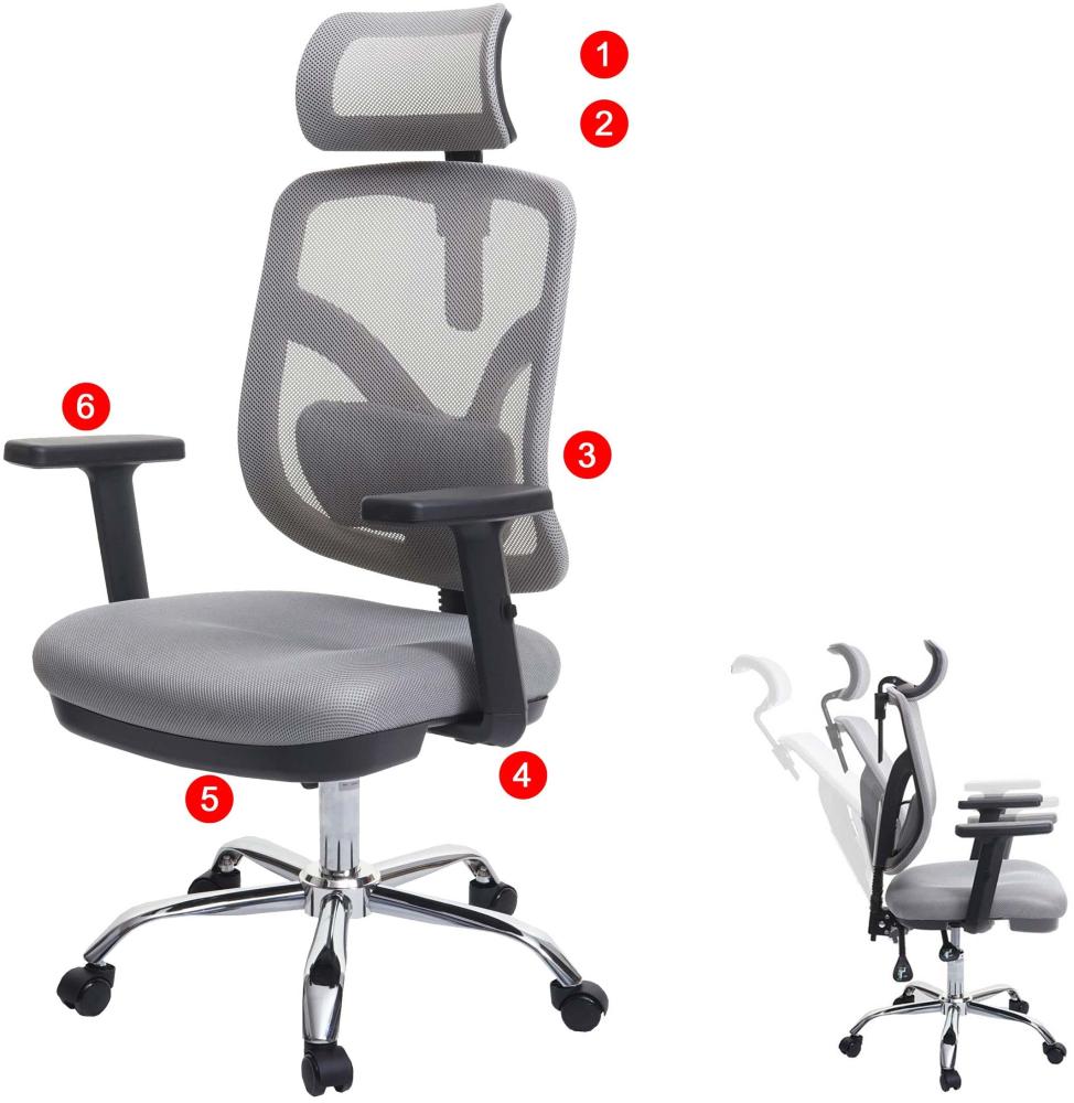 Bürostuhl HWC-J92, Schreibtischstuhl, ergonomisch, verstellbare Lordosenstütze und Armlehne ~ grau Bild 1