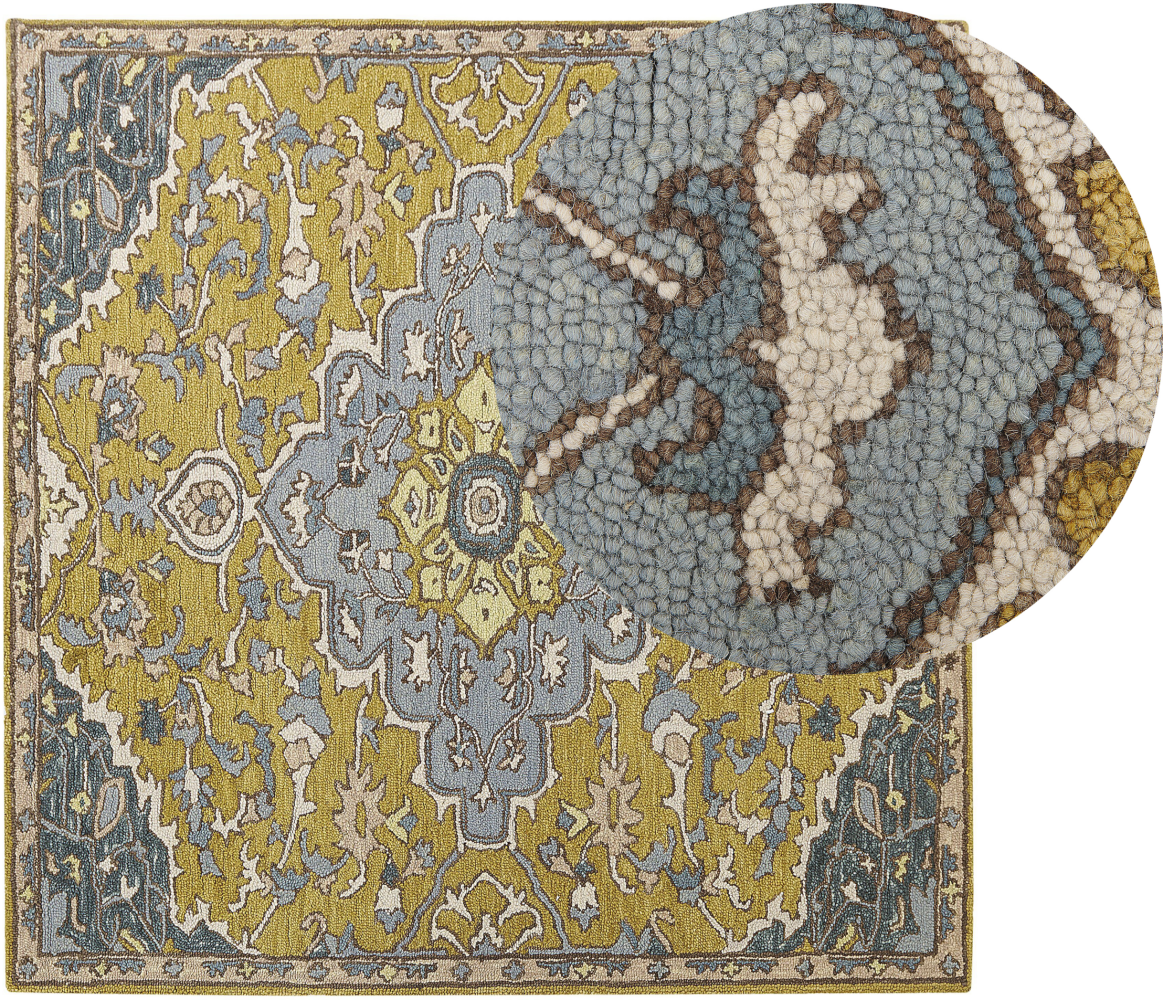 Teppich Wolle gelb blau 200 x 200 cm orientalisches Muster Kurzflor MUCUR Bild 1