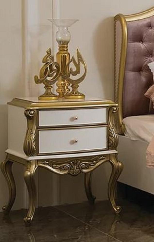 Casa Padrino Luxus Barock Nachtkommode Weiß / Gold - Handgefertigter Massivholz Nachttisch mit 2 Schubladen - Barock Schlafzimmer Möbel Bild 1