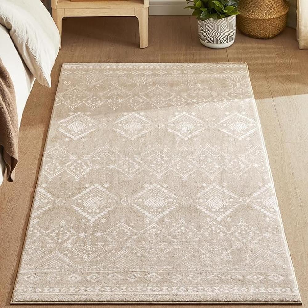 SONGMICS HOME Teppich, 80 x 150 cm, Wohnzimmerteppich, Rutschfester Teppich, Kurzflor, flauschig, Dekoration, für Wohnzimmer, Schlafzimmer, maschinenwaschbar, Boho-Stil, cappuccinobeige Bild 1