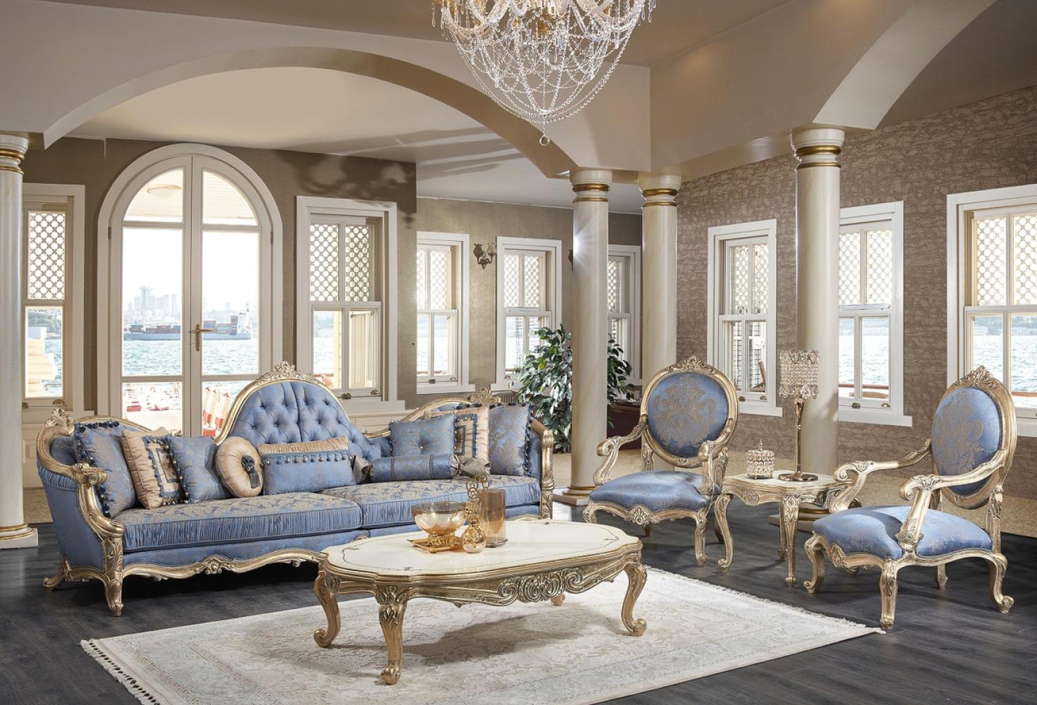 Casa Padrino Luxus Barock Wohnzimmer Set Hellblau / Weiß / Antik Gold - 2 Sofas & 2 Sessel & 1 Couchtisch & 2 Beistelltische - Barock Wohnzimmer Möbel - Edel & Prunkvoll Bild 1