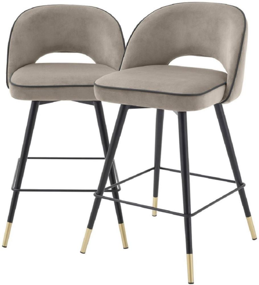Casa Padrino Luxus Barstuhl Set Greige / Schwarz / Messingfarben 51 x 52 x H. 92,5 cm - Barstühle mit drehbarer Sitzfläche und edlem Samtsoff - Luxus Bar Möbel Bild 1