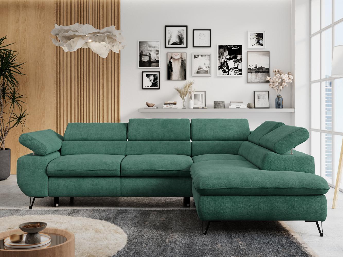 Ecksofa mit Bettfunktion, Modern Sofa, L-form, Einstellbare Kopfstützen, Bettkasten - PETER - Grün Stoff - Topper T25 - rechts Bild 1