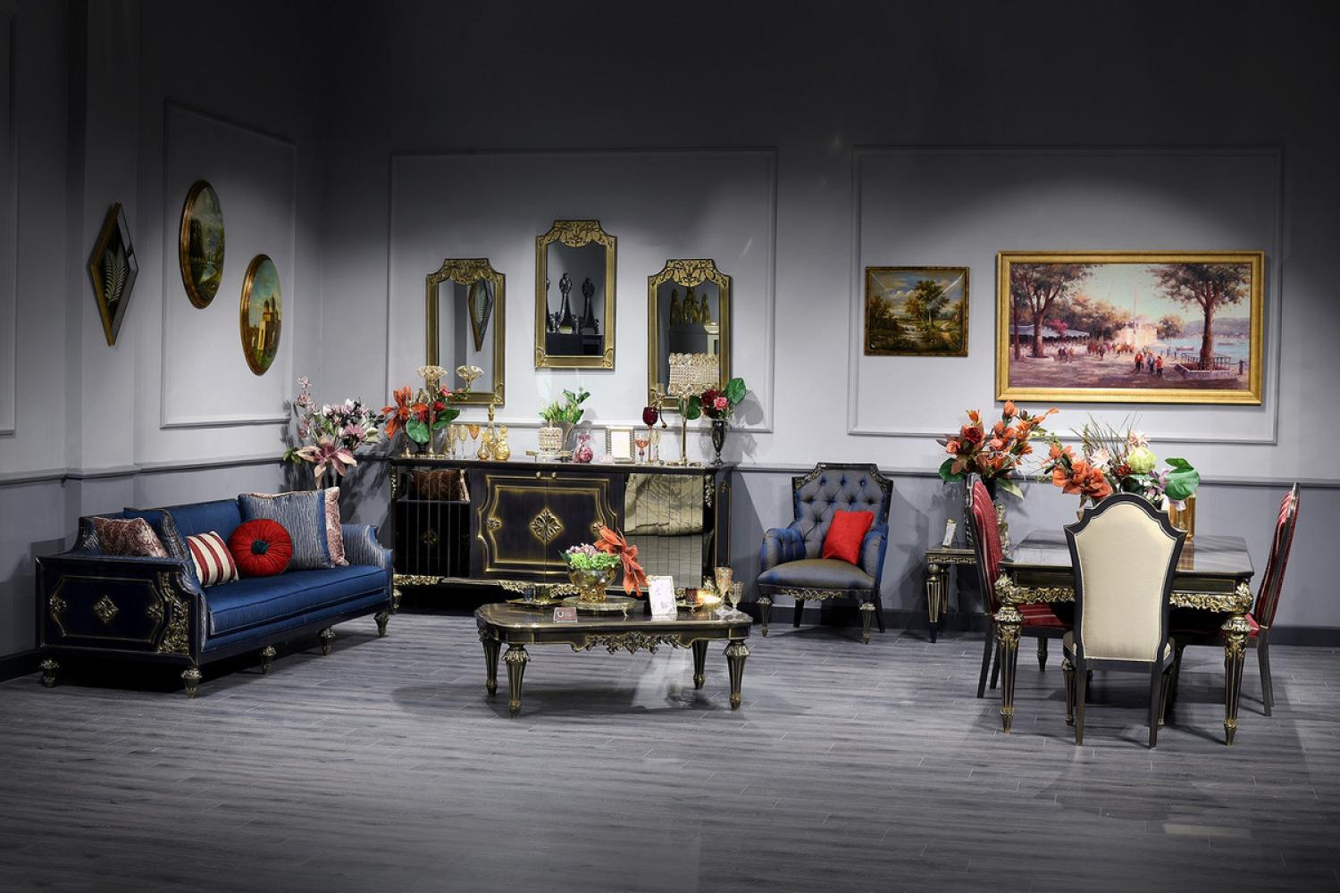 Casa Padrino Luxus Barock Wohnzimmer & Esszimmer Set Blau / Schwarz / Gold - Barockmöbel Bild 1