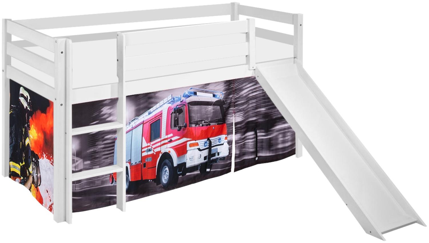 Lilokids 'Jelle' Spielbett 90 x 190 cm, Feuerwehr, Kiefer massiv, mit Rutsche und Vorhang Bild 1