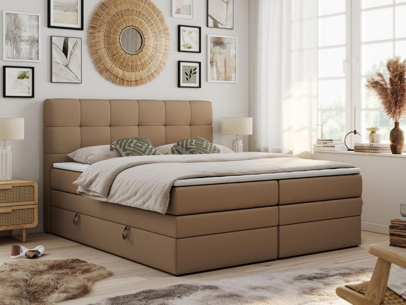 Boxspringbett mit Kopfteil und Topper, Polsterbett - LUKA-KING - 200x200cm - Braun Kunstleder - H3 Bild 1