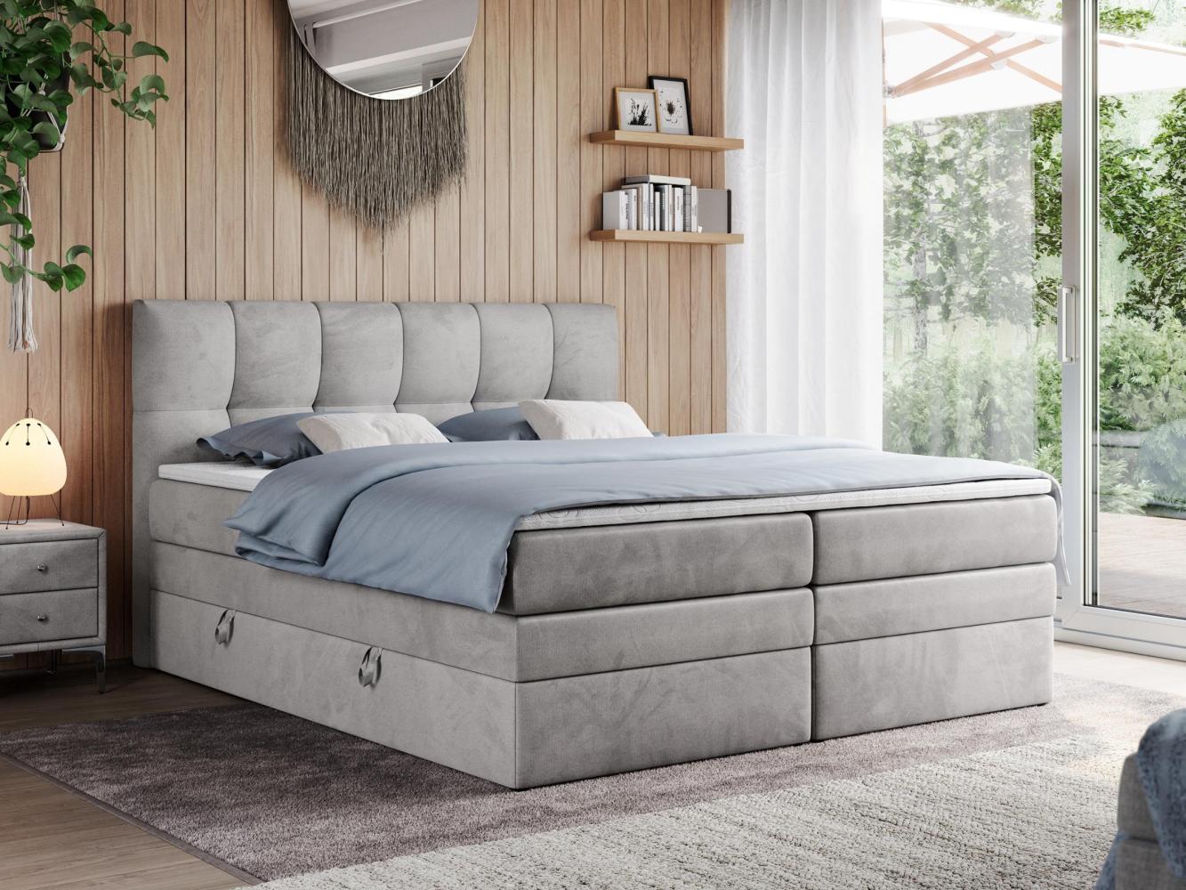 Boxspringbett mit Doppelmatratze - ALVIN-KING Hellgrau 200 x 200 cm Velours Mittelfest (H3) Bild 1