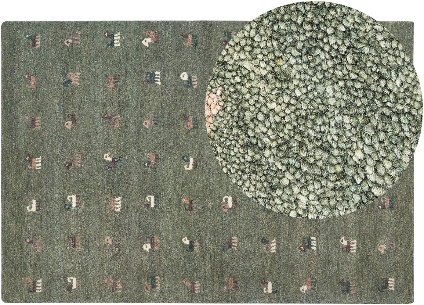 Gabbeh Teppich Wolle grün 160 x 230 cm Tiermuster Hochflor KIZARLI Bild 1