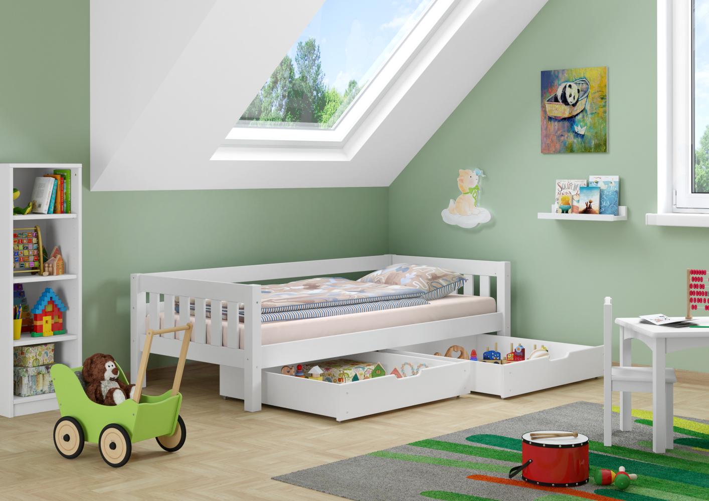 Gemütliches Kinderbett mit dreiseitiger Sicherung 90x200 cm Kiefer weiß V-60. 29-09WRollrost und Doppelbettkasten inkl. Bild 1