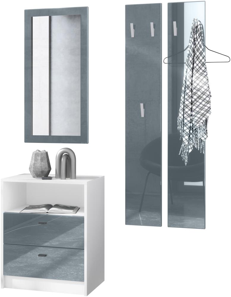 Vladon Garderobe Pino V1, Garderobenset bestehend aus 1 Kommode, 1 Wandspiegel und 2 Garderobenpaneele, Weiß matt/Grau Hochglanz (ca. 130 x 185 x 36 cm) Bild 1