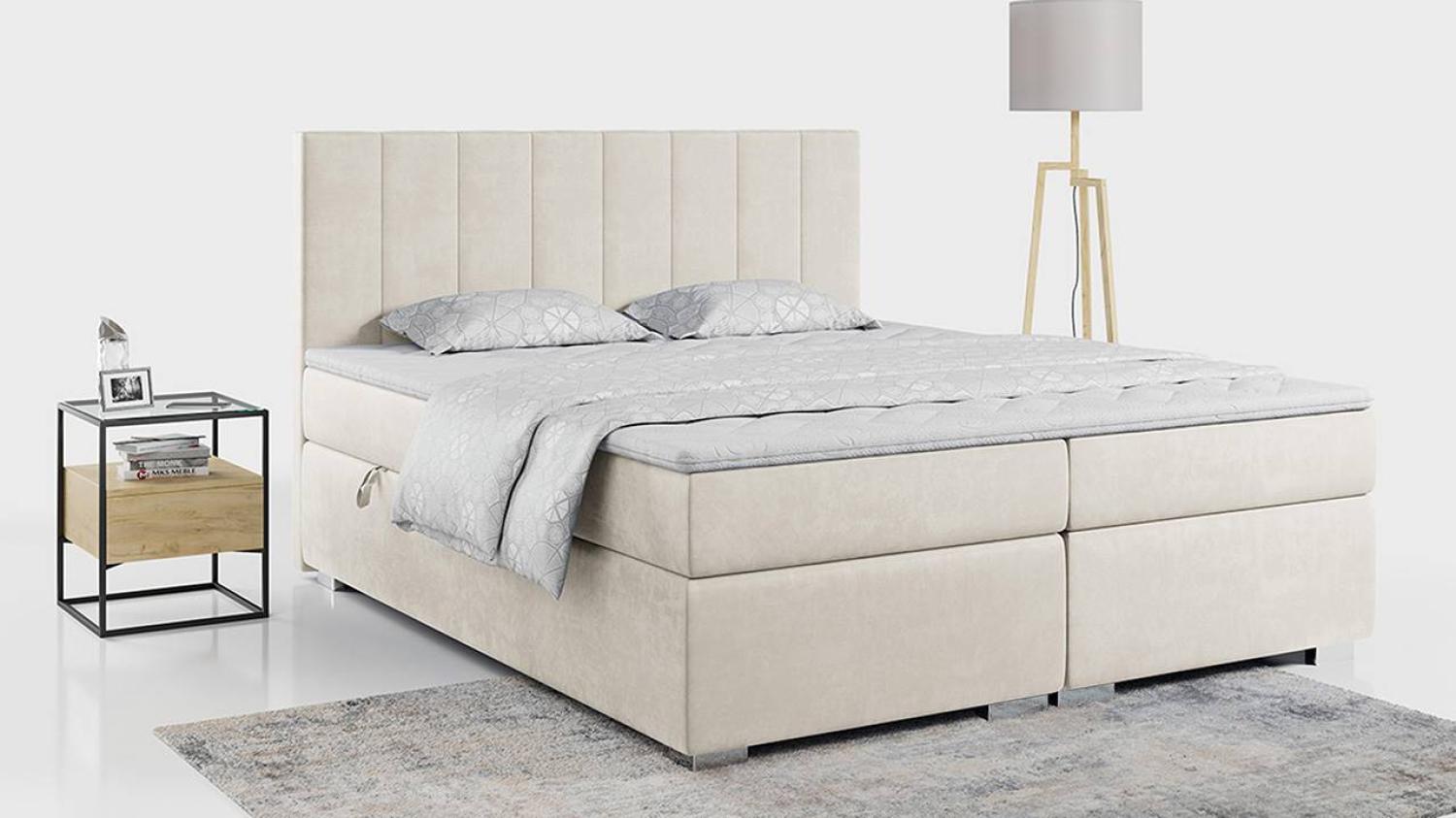 Boxspringbett mit 2 Bettkästen, Matratze und Topper, Polsterbett - ALLY - 200x200cm - Beige Velours - H3 Bild 1