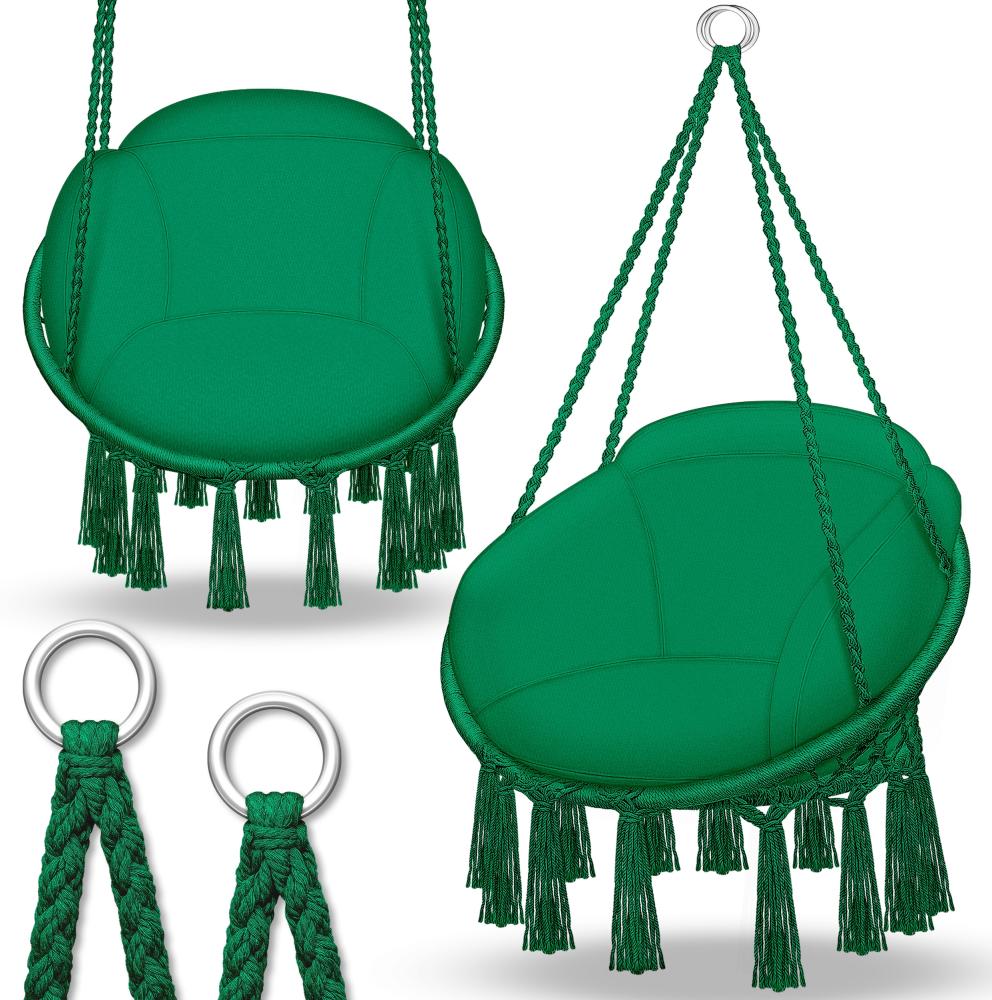 tillvex Hängesessel Grün mit großem Kissen 200kg zum Aufhängen | Hängestuhl Indoor & Outdoor | Hängekorb wetterfest | Schaukelkorb Bild 1