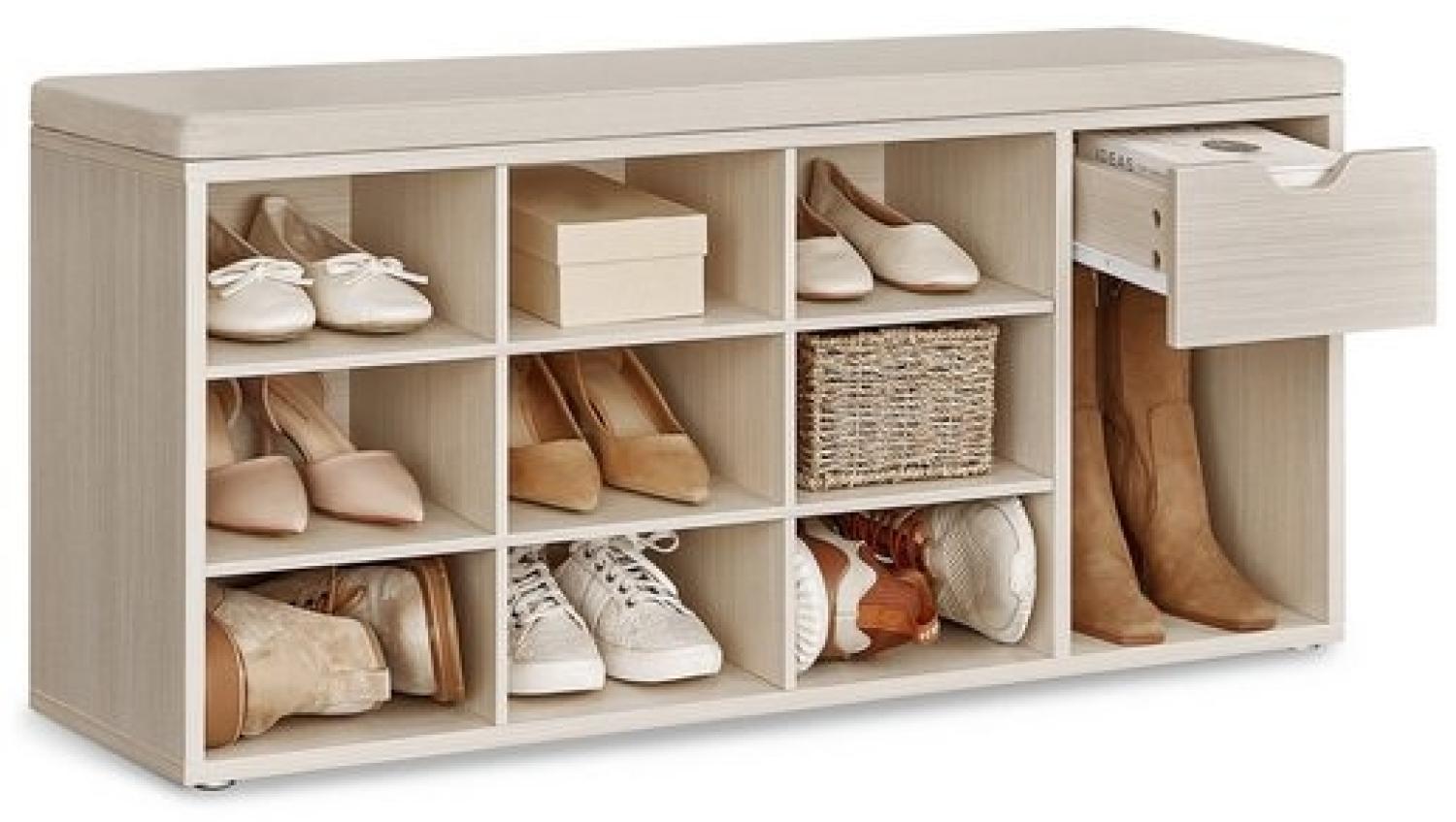 VASAGLE Schuhbank, Schuhregal mit Schublade und offenen Fächern, Sitzbank, gepolsterter Sitz, Flur, Schlafzimmer und Eingangsbereich, 30 x 104 x 48 cm, naturbeige-cappuccinobeige LHSDE024K03 Bild 1