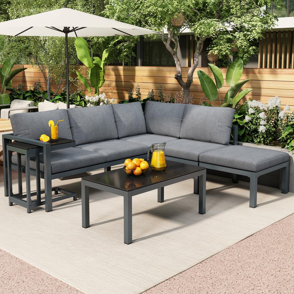 Merax Garten-Lounge-Sessel-Set, Ecklounge, Gartenmöbel für 6–8 Personen, Gartenmöbel-Set, Lounge-Möbel, 5er-Set, inklusive aller Kissen, grau Bild 1