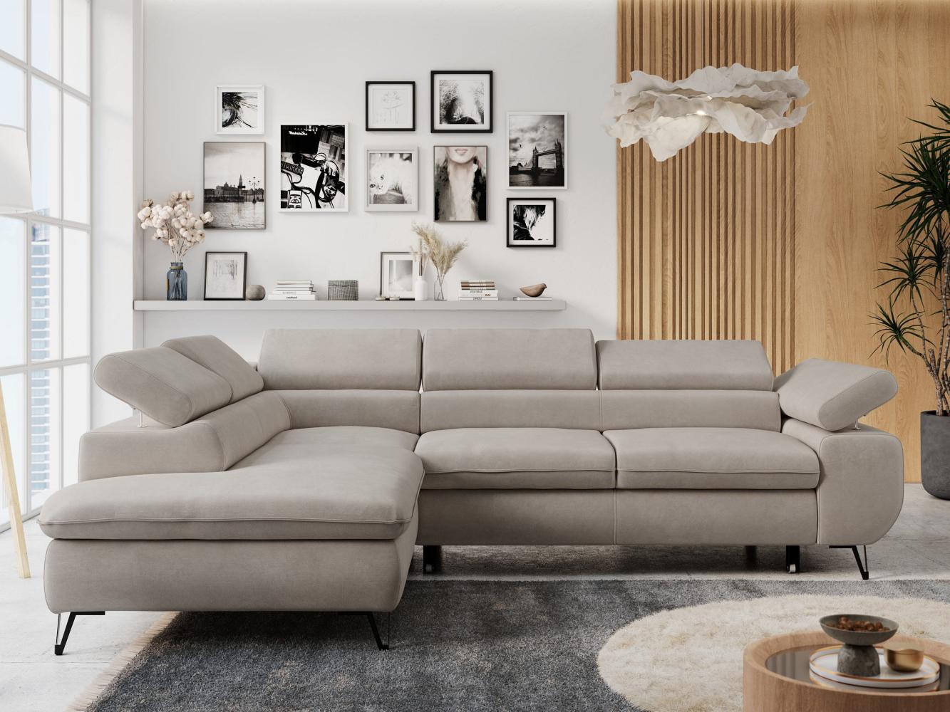 Ecksofa mit Bettfunktion, Modern Sofa, L-form, Einstellbare Kopfstützen, Bettkasten - PETER - Beige Mikrofaser - Topper T25 - links Bild 1