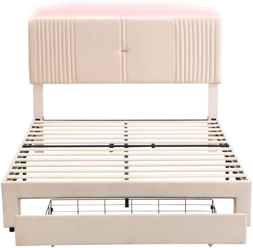 Merax Polsterbett 140 x 200 cm, Doppelbett mit Lichtleiste und USB-Buchse, großer Schublade, Doppelbett in Samtstoff, für Erwachsene, Beige Bild 1