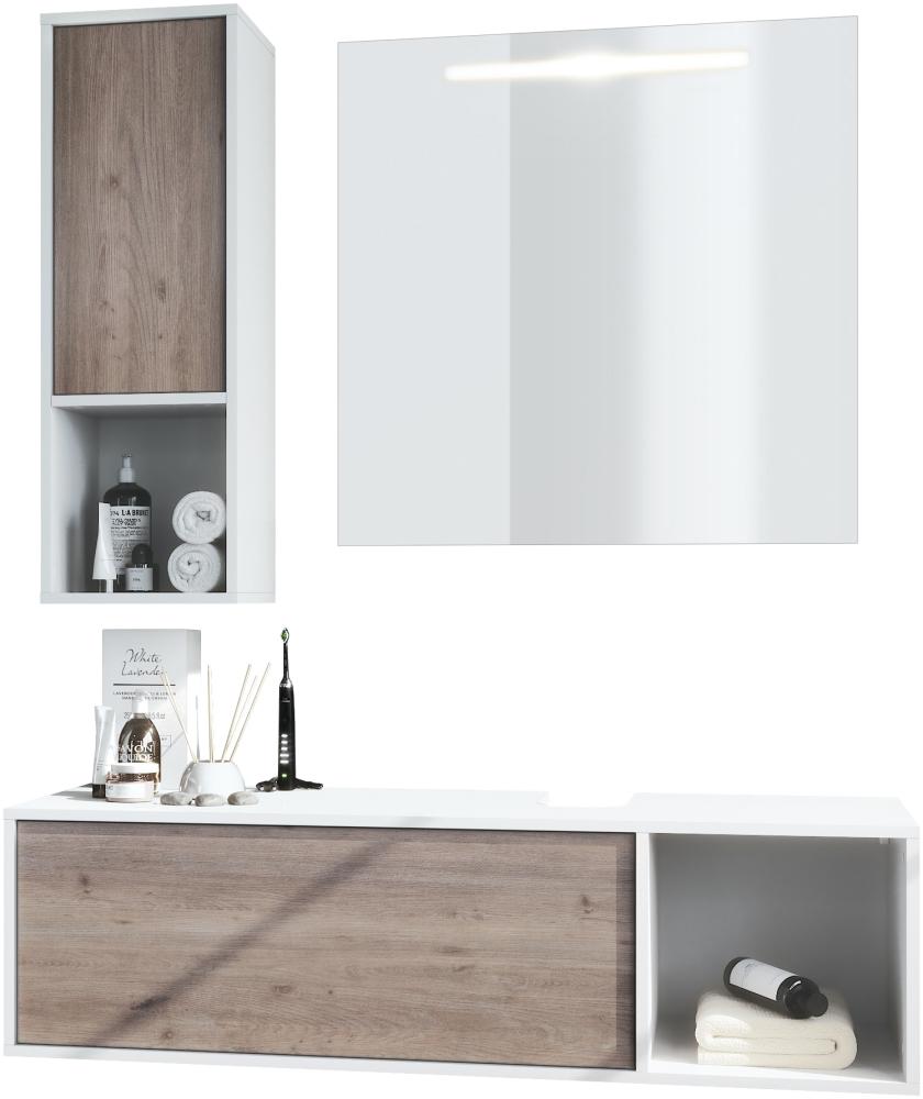 Badmöbel Komplettset La Costa, Korpus in Weiß matt / Fronten in Eiche Nordic, mit LED Spiegel Bild 1