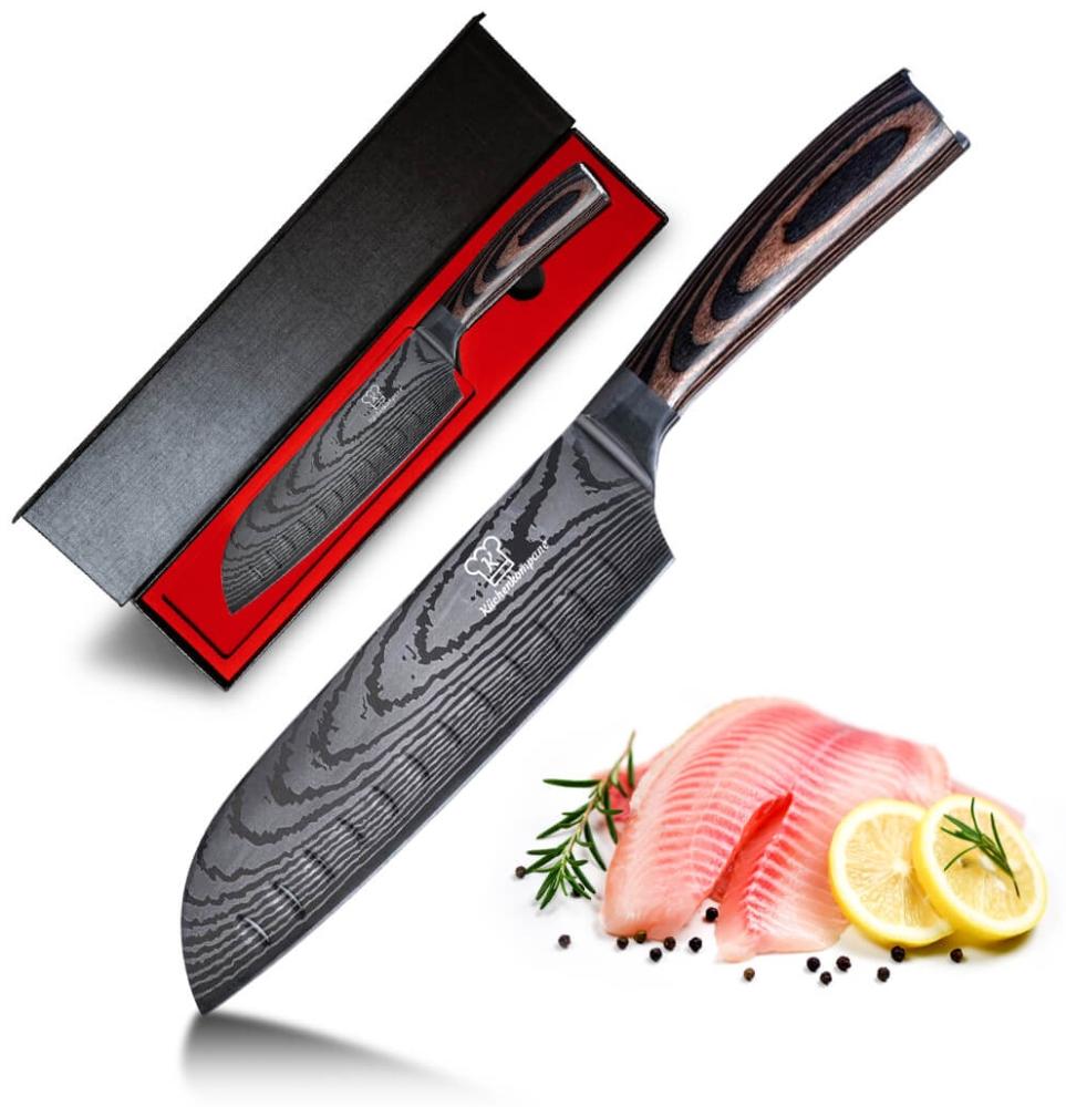 Santoku Messer - Messer aus gehärteter Edelstahl - Rasiermesser scharfe Klinge - Küchenmesser mit Echtholzgriff - inkl. gratis Messerbox. Bild 1
