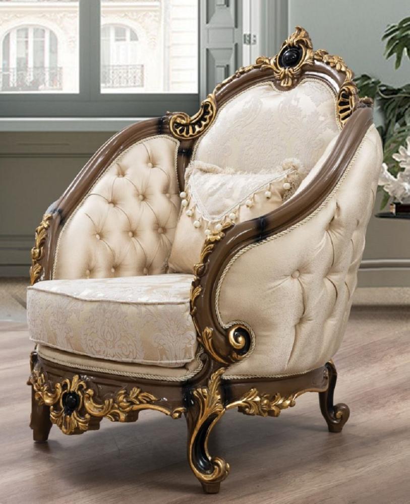 Casa Padrino Luxus Barock Sessel Gold / Braun / Schwarz / Gold - Prunkvoller Wohnzimmer Sessel mit elegantem Muster - Barock Wohnzimmer & Hotel Möbel - Edel & Prunkvoll Bild 1