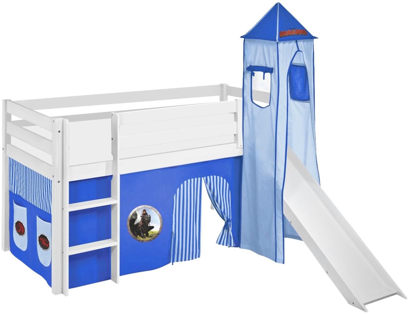 Lilokids 'Jelle' Spielbett 90 x 190 cm, Dragons Blau, Kiefer massiv, mit Turm, Rutsche und Vorhang Bild 1