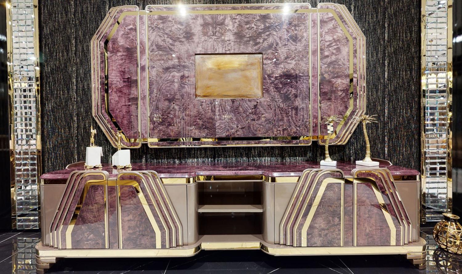 Casa Padrino Luxus Art Deco TV Schrank Lila / Grau / Gold - Prunkvolles Wohnzimmer Sideboard mit TV Rückwand - Art Deco Wohnzimmer Möbel - Luxus Kollektion Bild 1