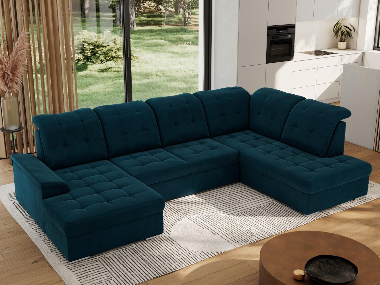 Ecksofa, Wohnzimmer U Couch, Polstersofa mit Bettkasten - MADRITO U - Dunkelblau Velorus - Rechts Bild 1