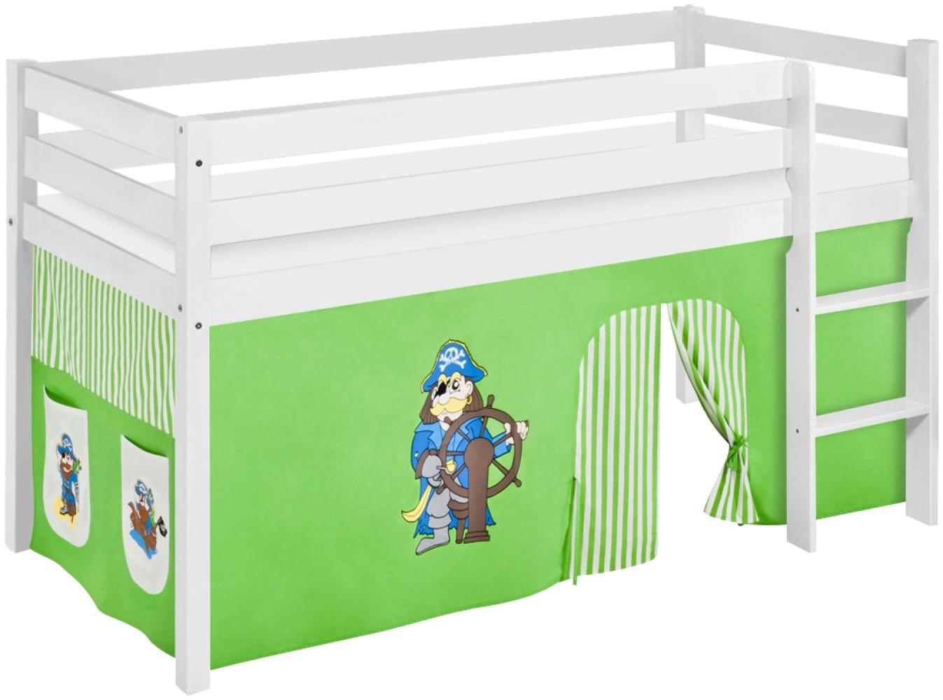 Lilokids 'Jelle' Spielbett 90 x 200 cm, Pirat Grün Beige, Kiefer massiv, mit Vorhang Bild 1