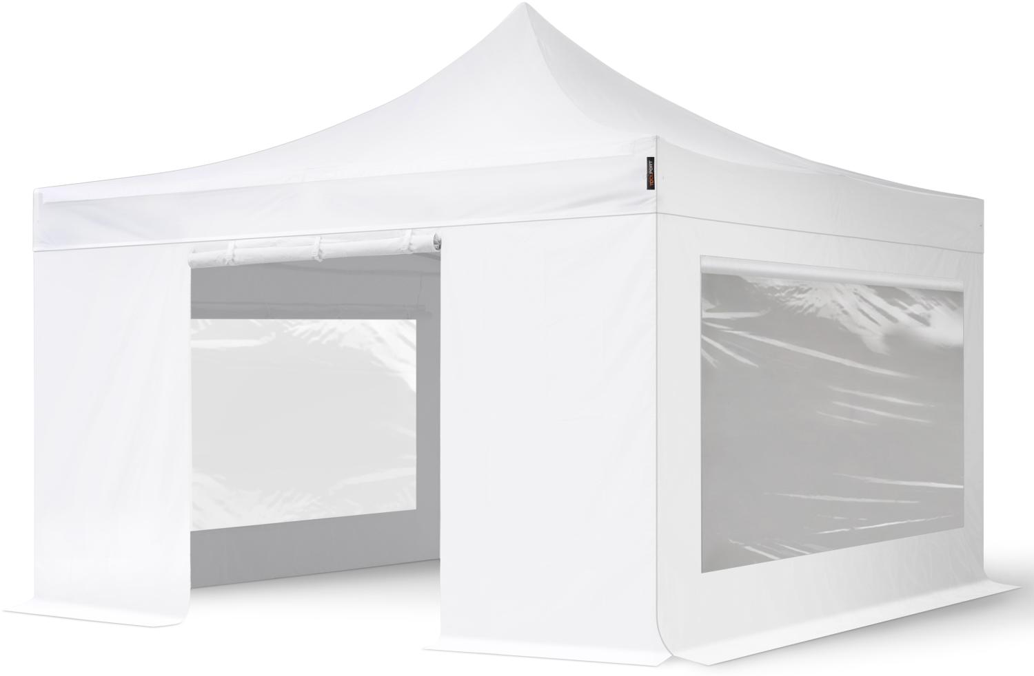 4x4 m Faltpavillon, PREMIUM Stahl 40mm, feuersicher, Seitenteile mit Panoramafenstern, weiß Bild 1