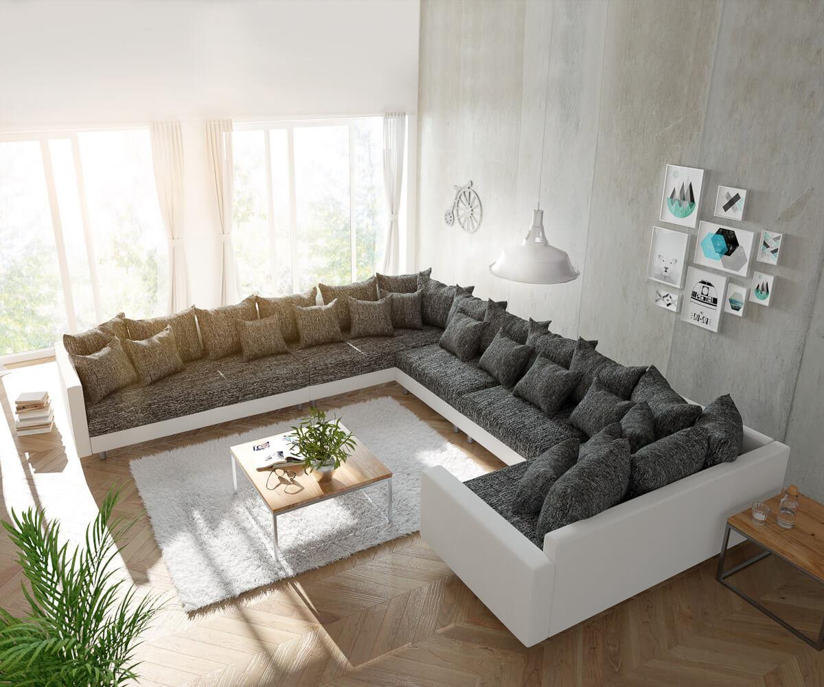 Couch Clovis XXL Weiß/ Schwarz mit Armlehne Ottomane Links Wohnlandschaft Bild 1