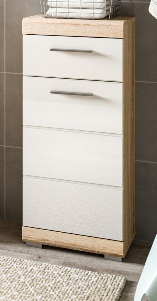 Badezimmer Kommode Lambada in weiß Hochglanz und Eiche 37 x 88 cm Bild 1