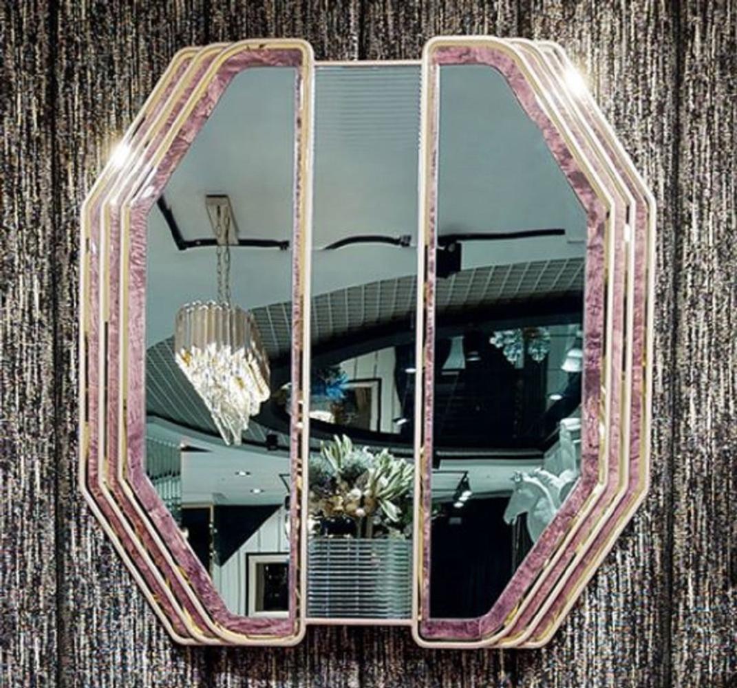 Casa Padrino Luxus Art Deco Wandspiegel Lila / Gold - Massivholz Spiegel mit Marmoroptik - Luxus Art Deco Wohnzimmer & Hotel Möbel Bild 1