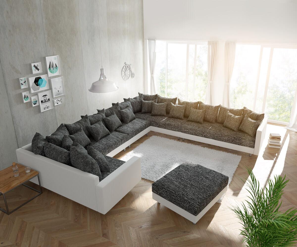 Couch Clovis XXL Weiß/ Schwarz mit Hocker und Armlehne Ottomane Rechts Wohnlandschaft Bild 1