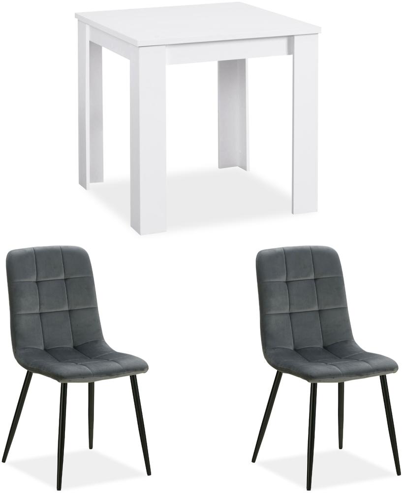 Essgruppe mit 2 Stühlen Esstisch Weiß 80x80 cm Esszimmertisch Holz Massiv Polsterstühle Samt Grau Bild 1