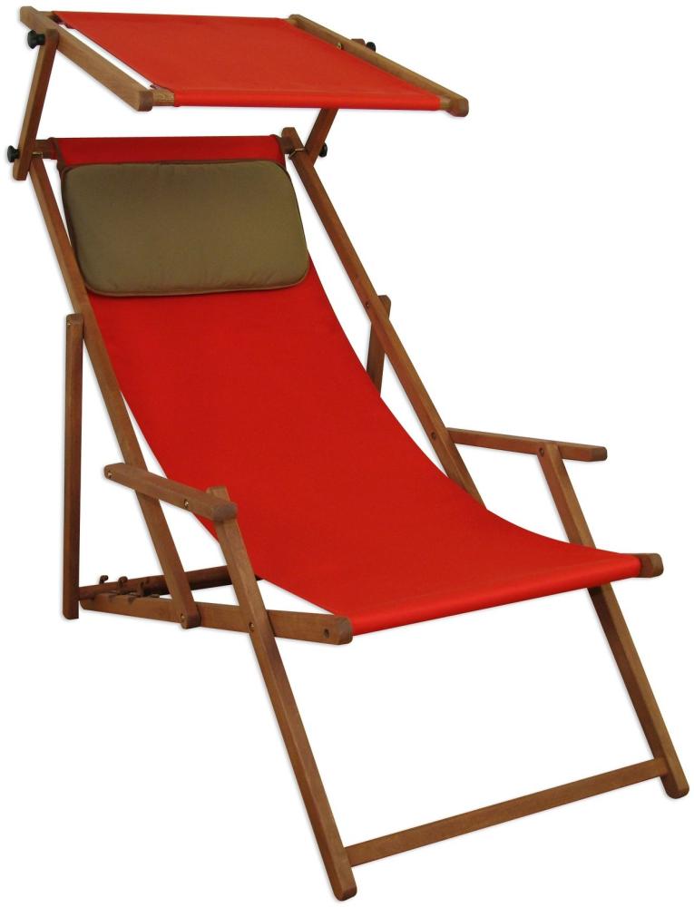 Liegestuhl rot Gartenliege Strandliege Deckchair Buche dunkel Sonnendach Kissen 10-308 S KD Bild 1