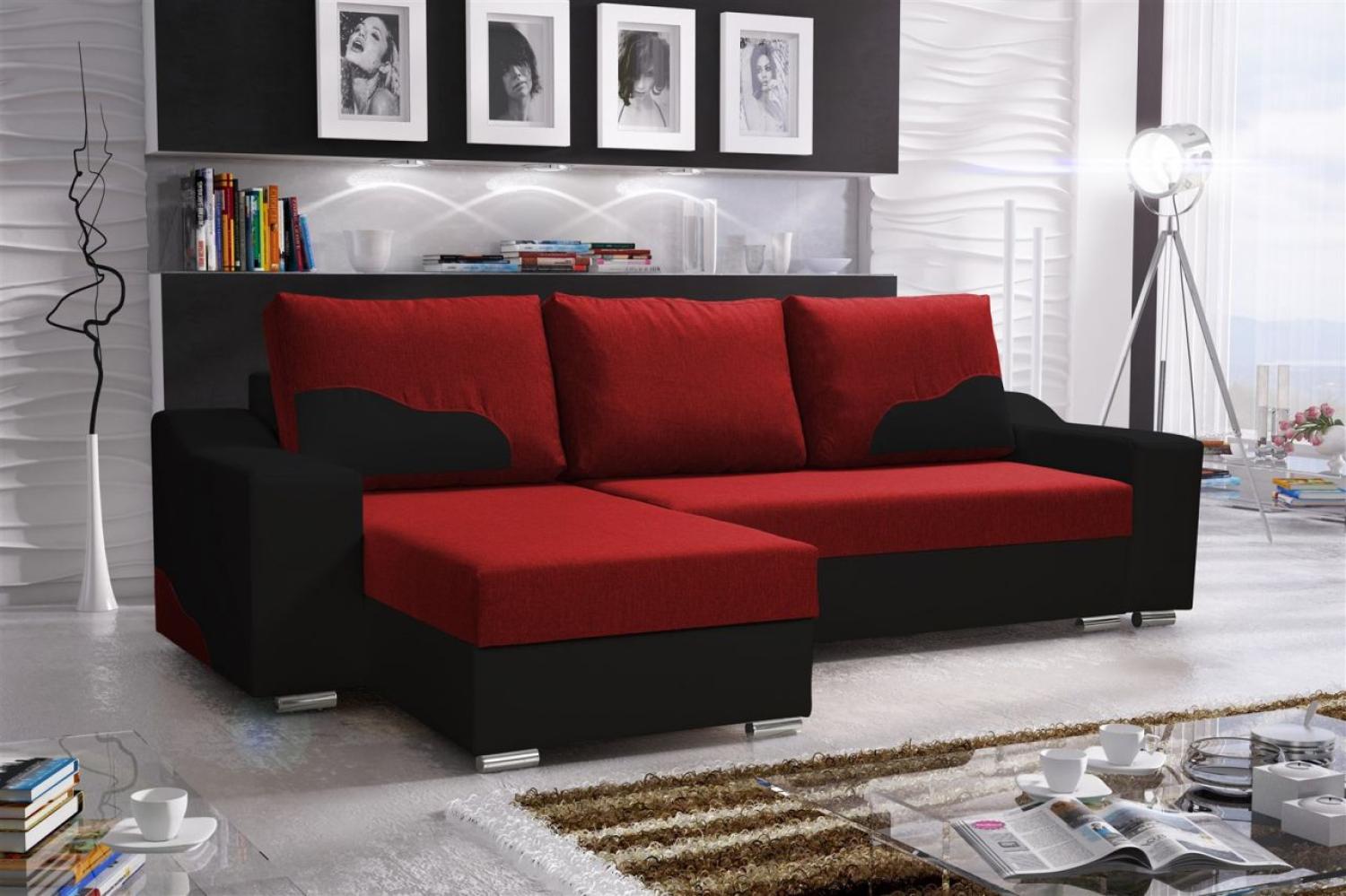 Ecksofa Sofa COLLIN mit Schlaffunktion Schwarz / Rot Ottomane Links Bild 1