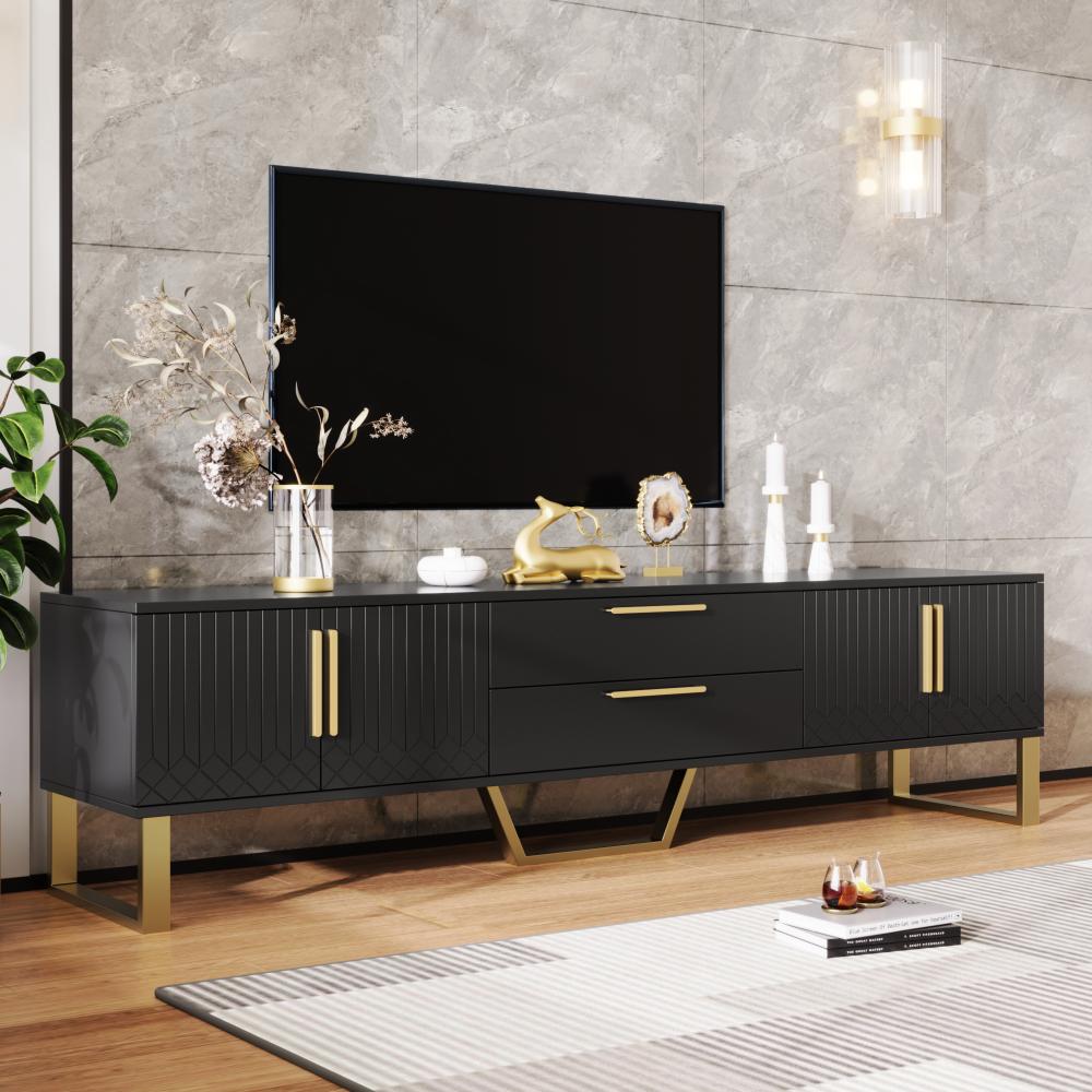 Merax Lowboard mit 2 Schubladen und 4 Türen, TV-Schrank hochglanz mit goldenen Sockel, Fernsehtisch, TV-Board, B:170cm, Schwarz Bild 1