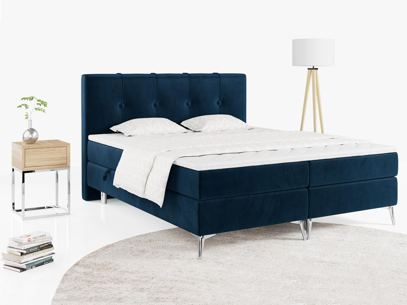 Boxspringbett, Komplett-Set mit Matratze und Topper - RINALDI - 140x200cm - Dunkelblau Velours - H3 Bild 1