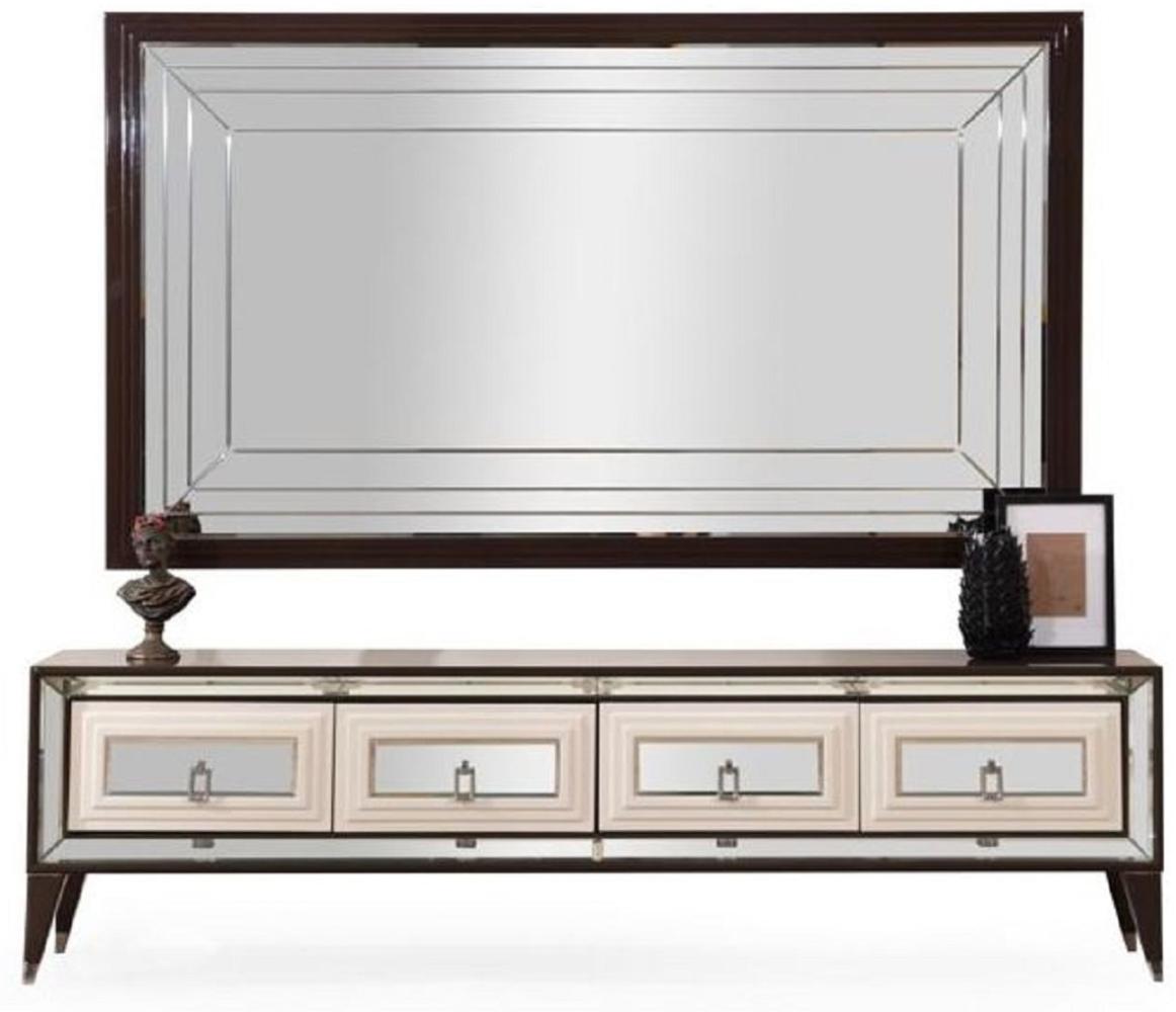 Casa Padrino Luxus TV Schrank Set Dunkelbraun / Creme / Silber - Verspiegeltes Wohnzimmer Sideboard mit TV Rückwand - Wohnzimmer Möbel - Luxus Möbel - Luxus Einrichtung Bild 1