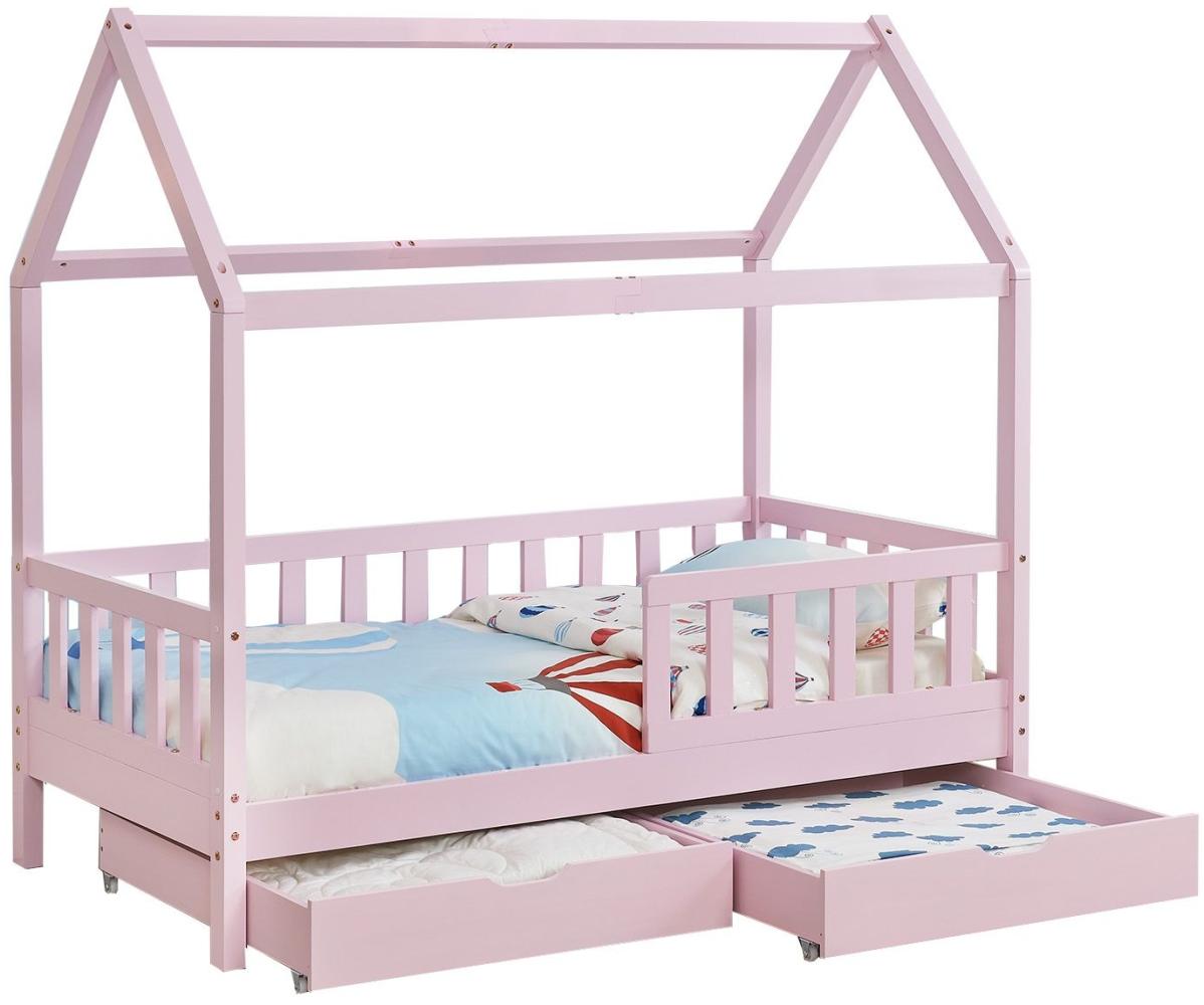 Juskys Kinderbett Marli 90 x 200 cm mit Bettkasten 2-teilig, Rausfallschutz, Lattenrost & Dach - Massivholz Hausbett für Kinder - Bett in Rosa Bild 1