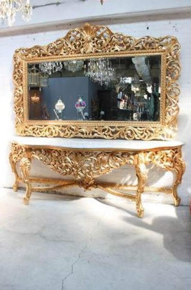 Riesige Casa Padrino Barock Spiegelkonsole Gold mit weißer Marmorplatte - Luxus Wohnzimmer Möbel Konsole mit Spiegel Bild 1