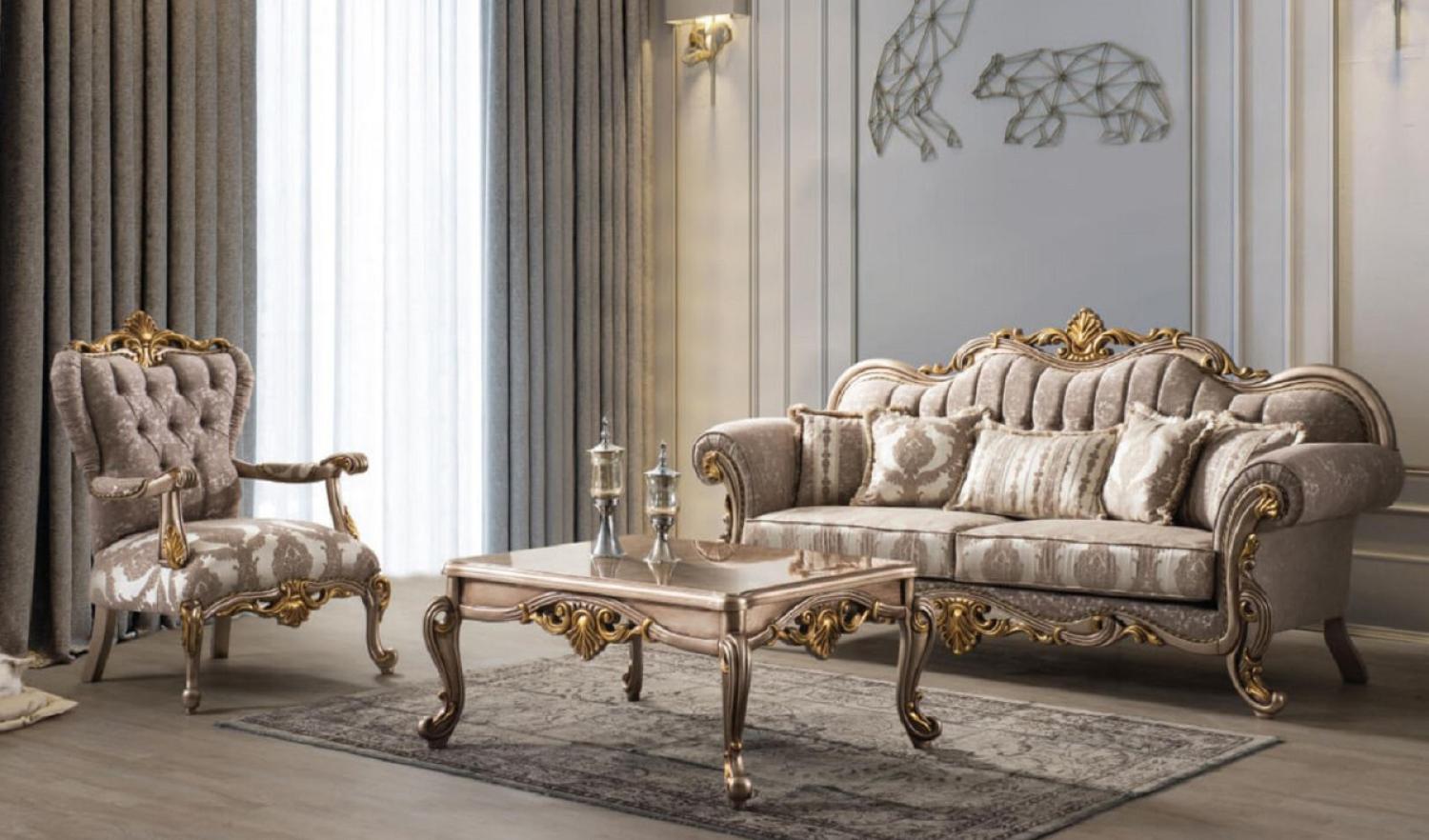 Casa Padrino Luxus Barock Wohnzimmer Set Grau / Silbergrau / Gold - 2 Sofas & 2 Sessel & 1 Couchtisch - Handgefertigte Wohnzimmer Möbel im Barockstil - Edel & Prunkvoll Bild 1