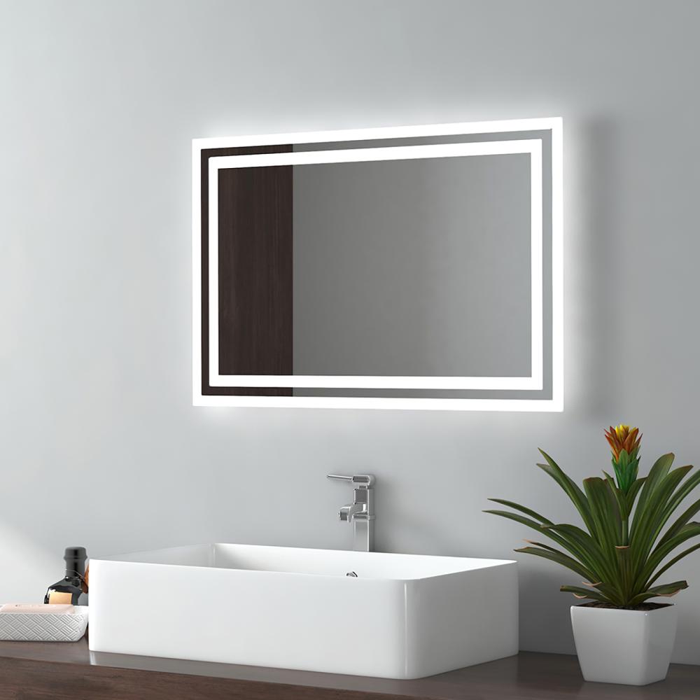 EMKE Badspiegel LED IP44 Wasserdicht Wandspiegel, 60x40cm, Kaltweißes/Warmweißes Licht, Knopfschalter, Beschlagfrei Bild 1