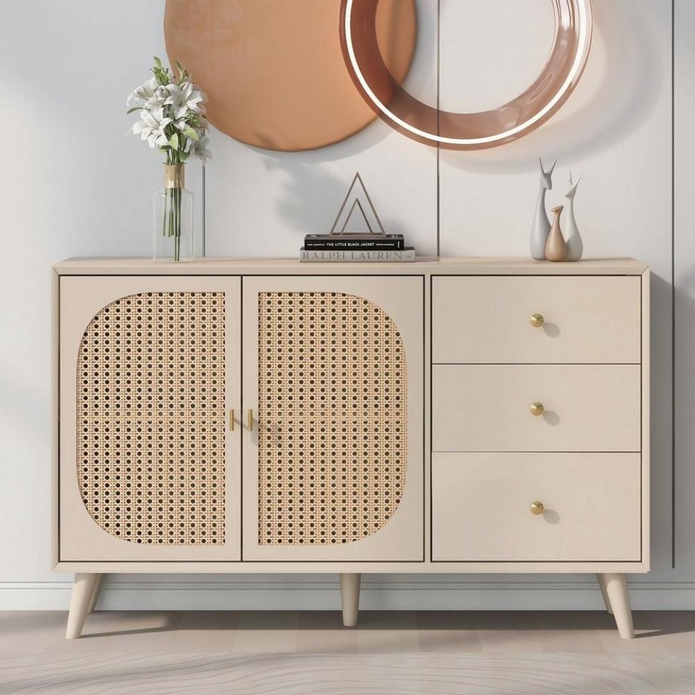 Merax Sideboard aus Holz mit 3 Schubladen und Rattan Geflechte Türen, Kommode mit Holzfüßen, Metall Bügelgriff, Lowboard, TV-Board, B:120cm Bild 1