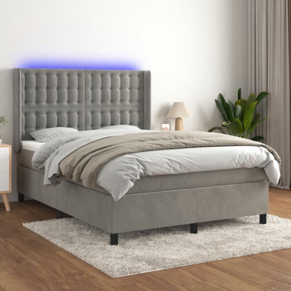 vidaXL Boxspringbett mit Matratze & LED Hellgrau 140x200 cm Samt Bild 1