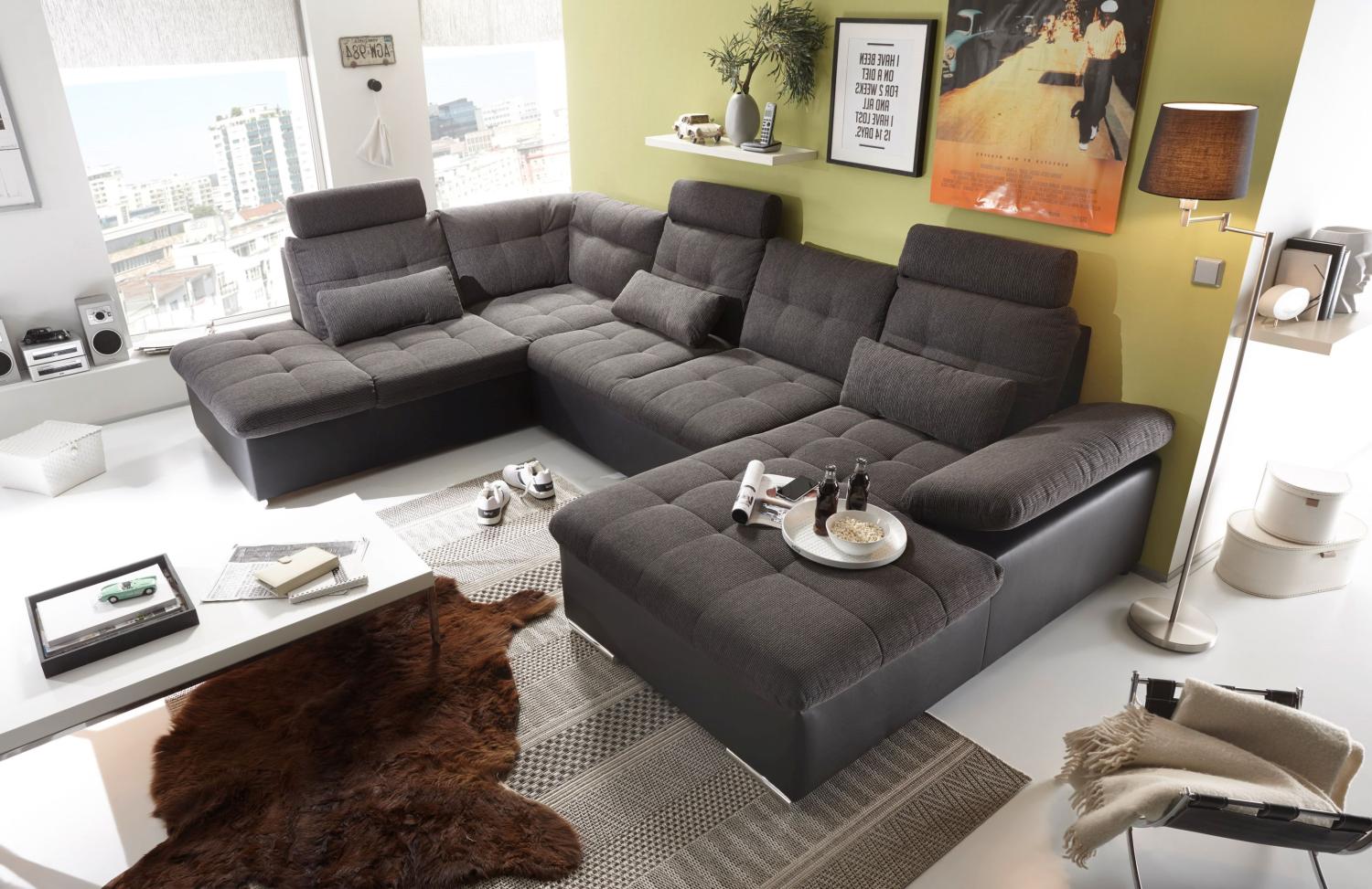 Couch Wohnlandschaft Schlaffunktion Schlafsofa schwarz grau Ottomane links Bild 1