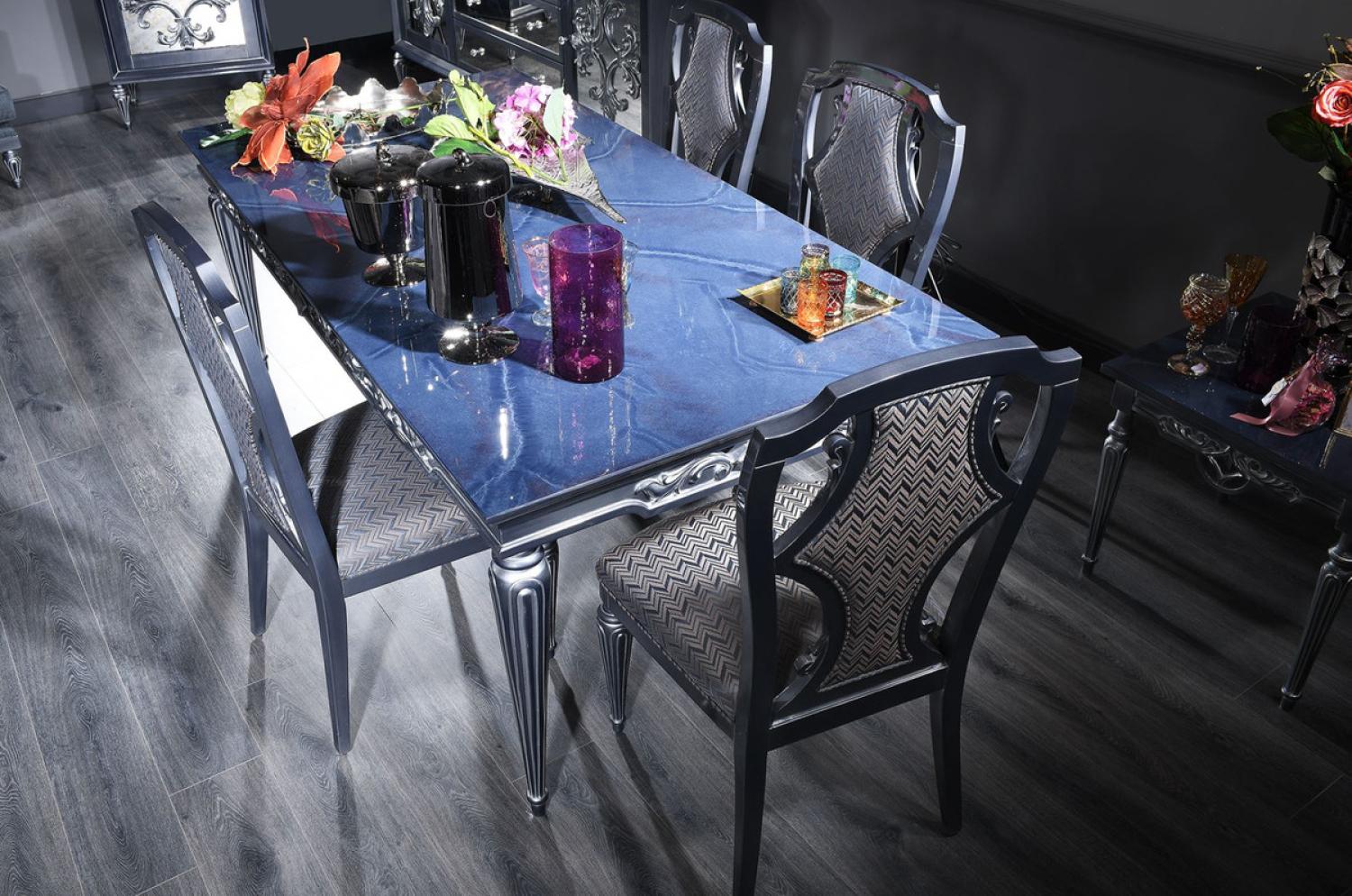 Casa Padrino Luxus Barock Esszimmer Stuhl Set Silber / Blau 54 x 53 x H. 109 cm - Edles Küchen Stühle 6er Set - Barock Esszimmer Möbel Bild 1