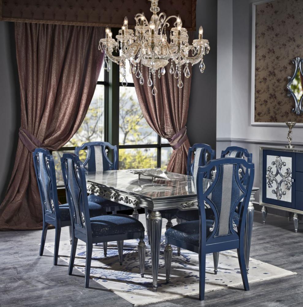 Casa Padrino Luxus Barock Esszimmer Stuhl Set Blau / Silber 54 x 53 x H. 109 cm - Edles Küchen Stühle 6er Set - Barock Esszimmer Möbel Bild 1